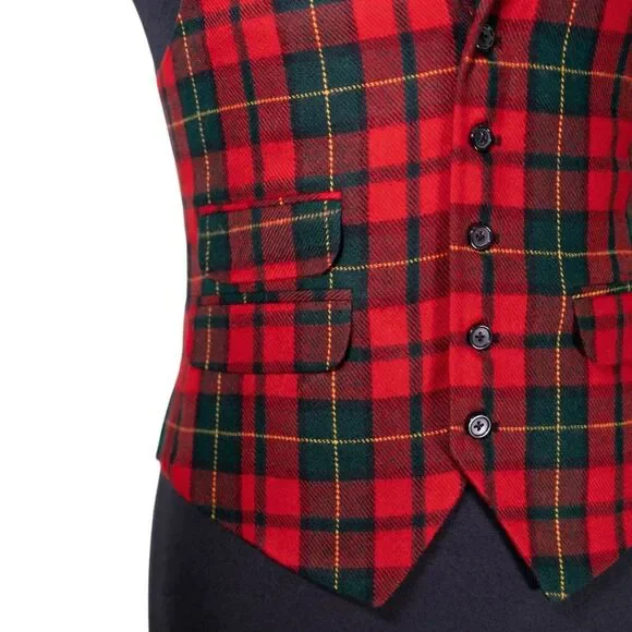 Mens Vest 40R Tartan Plaid Red Green Wool Waistcoat Formal Wedding Christmas